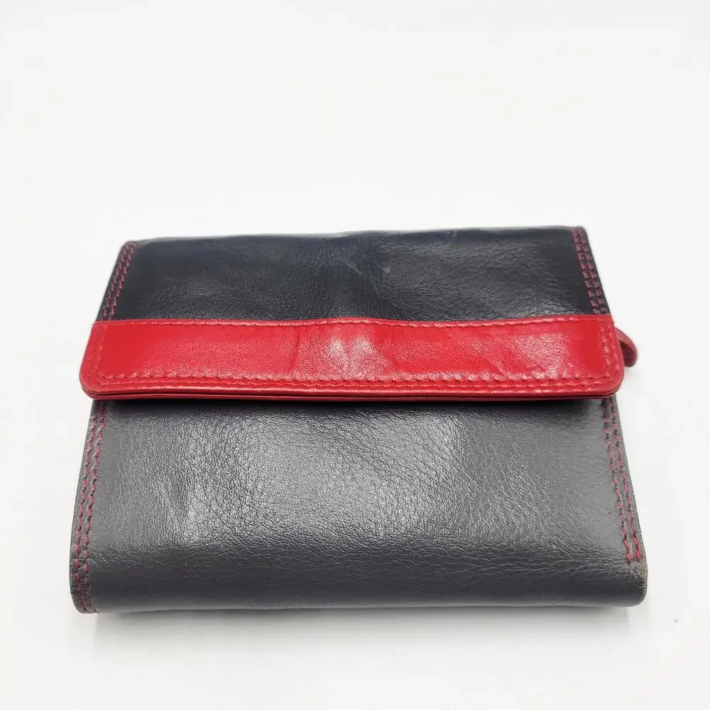 Red Gray & Black Colorblock Genuine Leather RFID Protection Tri-Fold Wallet